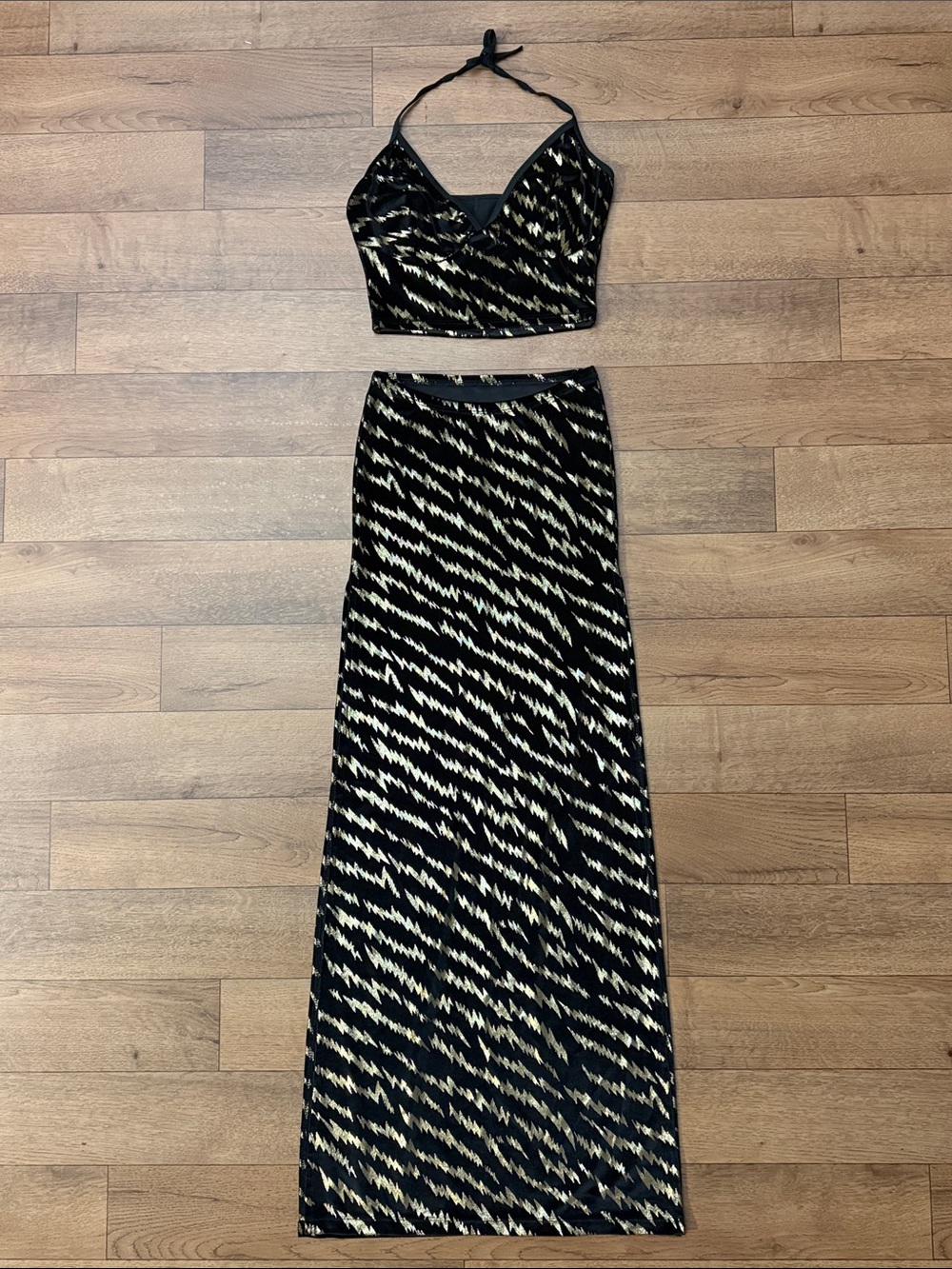 Vintage Queen Of Diamonds Size M/L Set Velvet Black Gold Halter Top & Skirt Y2K